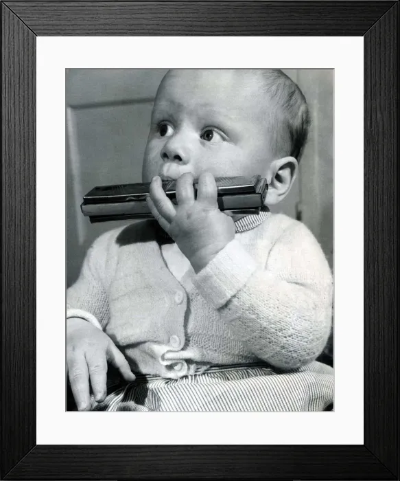 Framed Print : Christopher Thomas tries to play his fathers mouth organ Framed Print : Christopher Thomas tries to play his fathers mouth organ
