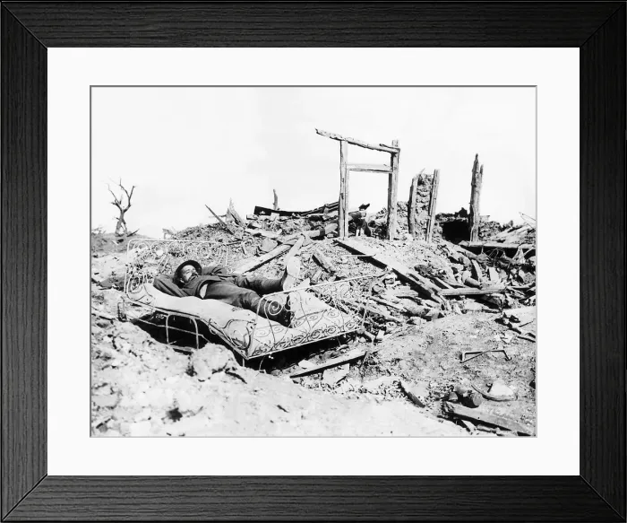 Framed Print : British soldier taking nap on bed found amid the ruins of a French house 1916 Framed Print : British soldier taking nap on bed found amid the ruins of a French house 1916
