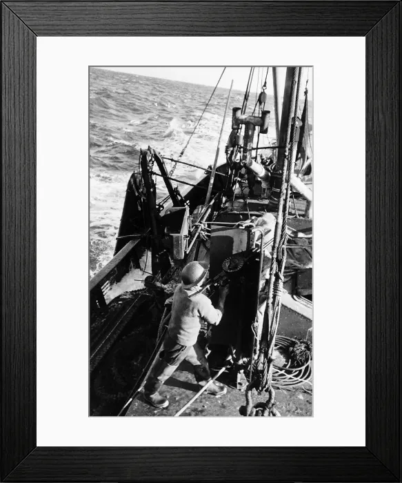Framed Print : Fisherman aboard British trawler fires an anti-aircraft gun at an enemy plane during WW2