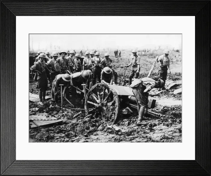 Framed Print : British soldiers man handle a gun bogged down in mud on the Western Front during Framed Print : British soldiers man handle a gun bogged down in mud on the Western Front during