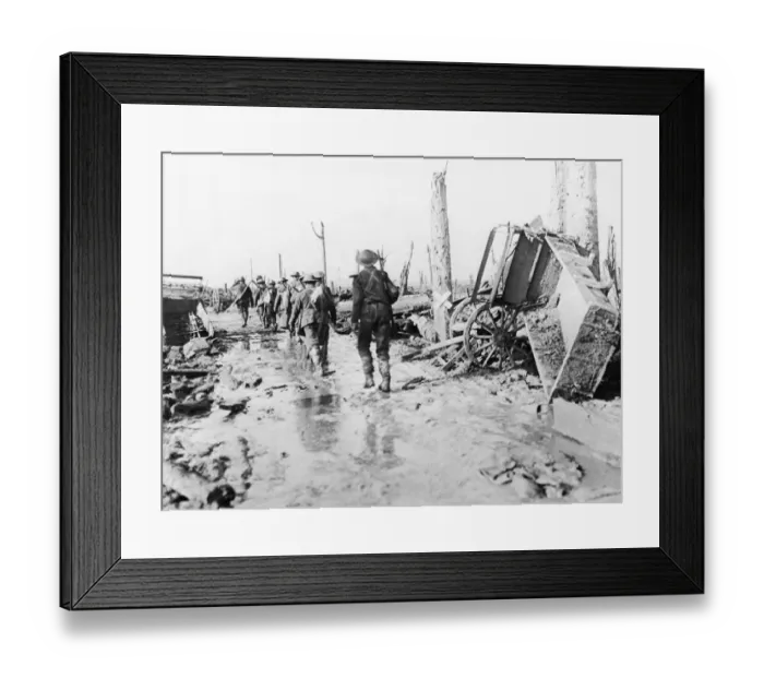 Framed Print : World War One - British Western front in France troops walking to front line passed Framed Print : World War One - British Western front in France troops walking to front line passed