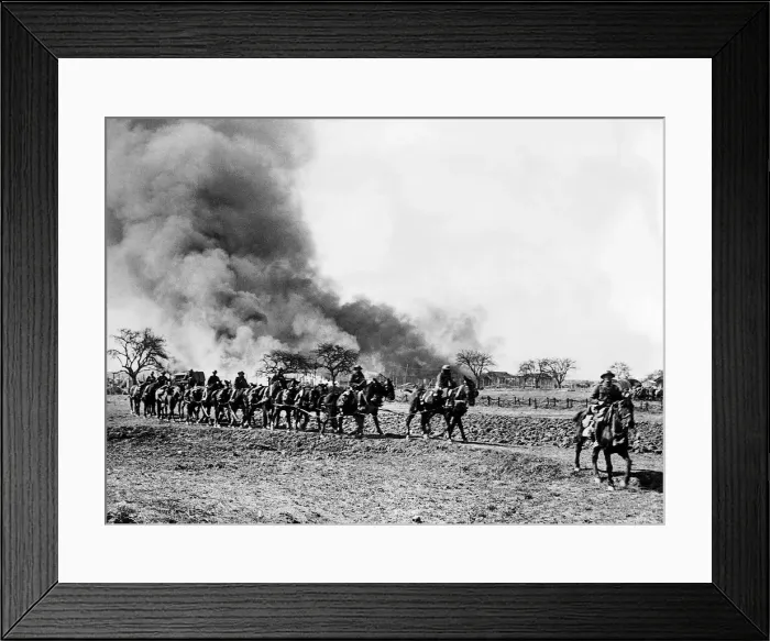 Framed Print : Ammunition dump on fire on Western Front in France as British troops move to new Framed Print : Ammunition dump on fire on Western Front in France as British troops move to new