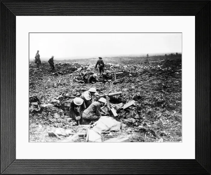 Framed Print : World War One - Canadian troops sit in their fox holes manning their machine guns Circa Framed Print : World War One - Canadian troops sit in their fox holes manning their machine guns Circa