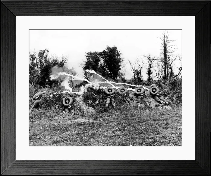 Framed Print : British troops fire Lifebuoy Mk. 1. 1 flame throwers during a training exercise Framed Print : British troops fire Lifebuoy Mk. 1. 1 flame throwers during a training exercise