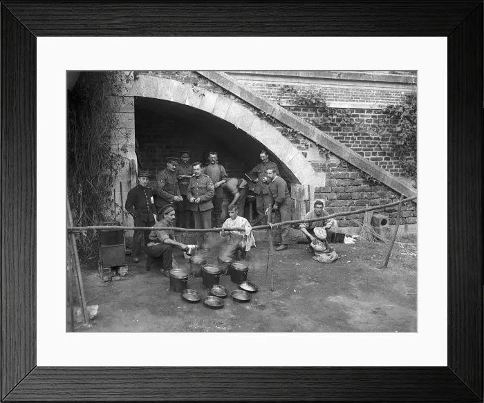 Framed Print : World War One British Soldiers. British tommies working in a monastry boiling up water Framed Print : World War One British Soldiers. British tommies working in a monastry boiling up water