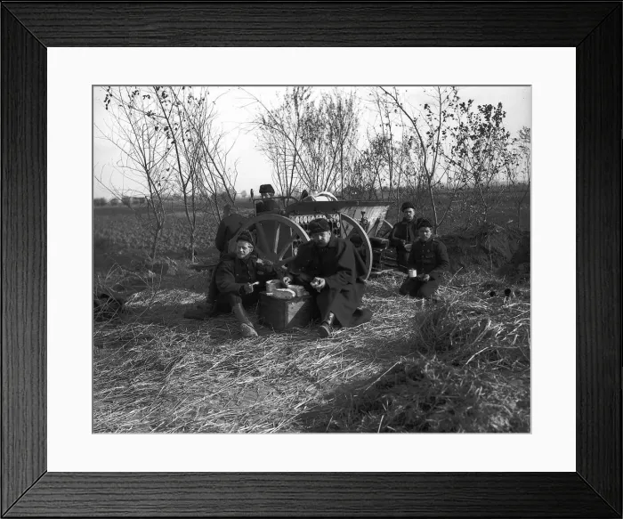 Framed Print : Belgian artillerymen having a meal by their gun during World War One Circa Framed Print : Belgian artillerymen having a meal by their gun during World War One Circa