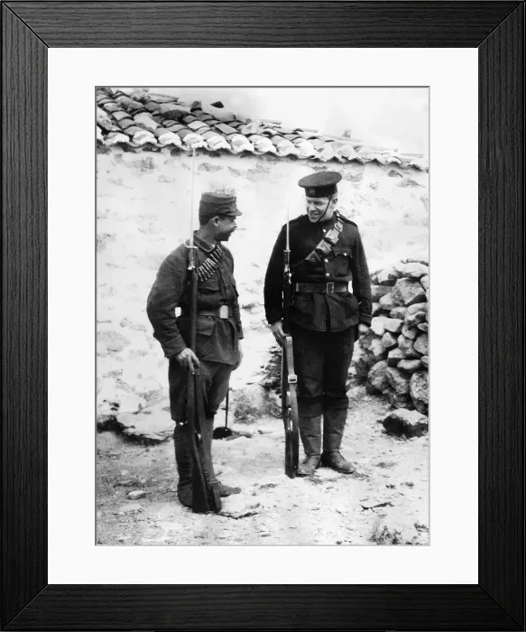 Framed Print : British soldier shows an interested Greek soldier the English way to mount guard Framed Print : British soldier shows an interested Greek soldier the English way to mount guard