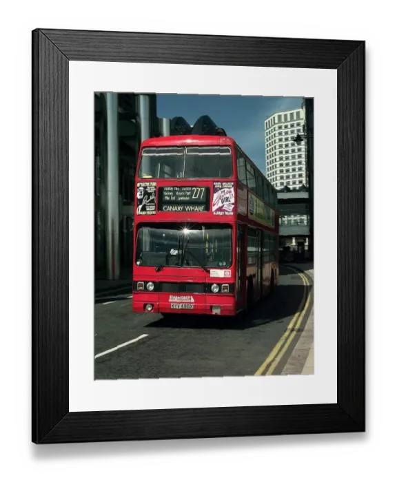 Framed Print : Red double decker London bus at Canary Wharf. May 1997
