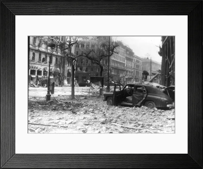 Framed Print : The Hungarian uprising - Blackened and ruined Budapest - Russian tanks rumble past