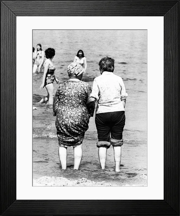 Framed Print : Two ladies plodge in the sea at Tynemouth in june 1976 Framed Print : Two ladies plodge in the sea at Tynemouth in june 1976