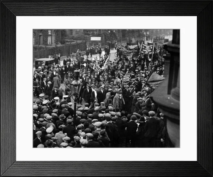 Framed Print : Unemployed marchers moving through Northumberland Road, Newcastle in 1932 Framed Print : Unemployed marchers moving through Northumberland Road, Newcastle in 1932
