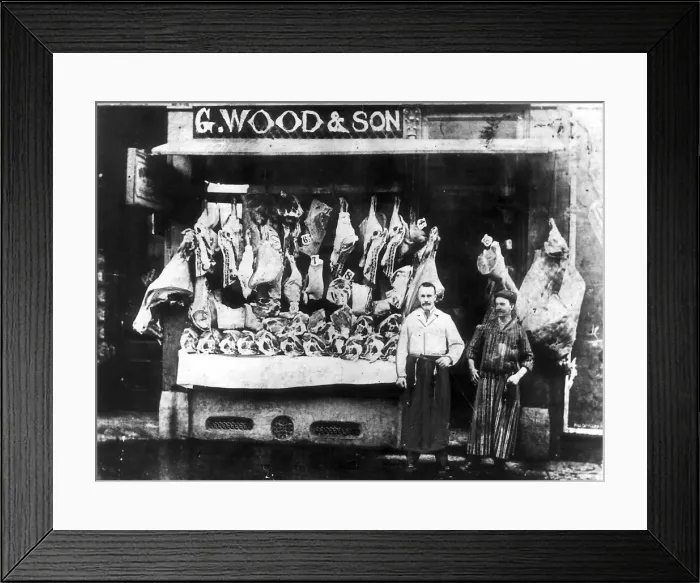 Framed Print : Butcher shop in 1909