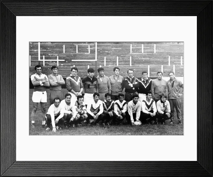 Framed Print : The French Rugby League team to play Wales take a break during training at Salford to Framed Print : The French Rugby League team to play Wales take a break during training at Salford to