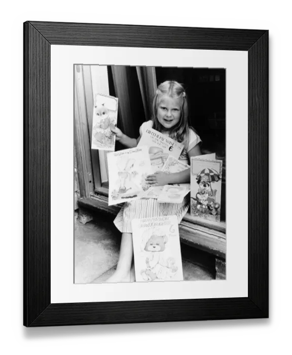 Framed Print : Louise Brown Test Tube Girl Holding birthday cards on her sixth birthday July1984 Framed Print : Louise Brown Test Tube Girl Holding birthday cards on her sixth birthday July1984