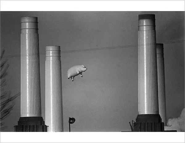 Pink Floyd Inflatable Flying Pig at Battersea Power Station in London during filming of
