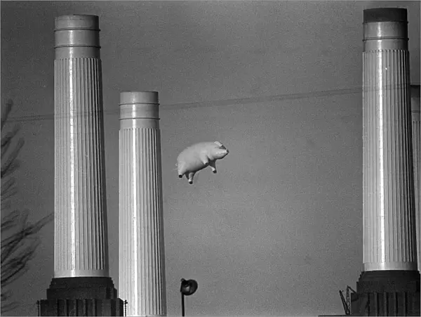 Pink Floyd Inflatable Flying Pig at Battersea Power Station in London during filming of