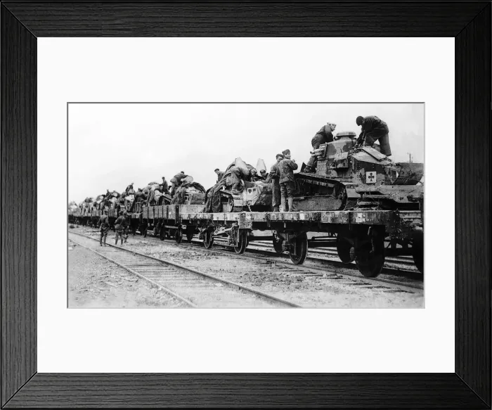 Framed Print : A train load of light French tanks 1918 being transported by the American Army in France Framed Print : A train load of light French tanks 1918 being transported by the American Army in France