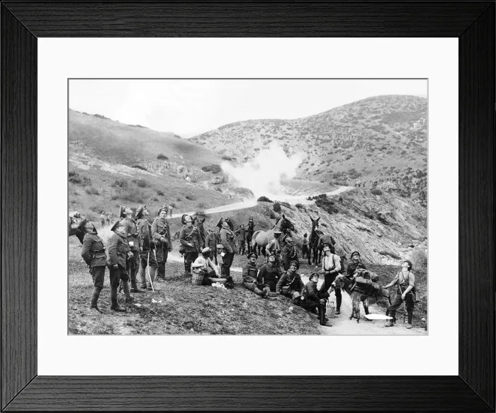 Framed Print : British soldiers standing on hillside with pack horses Framed Print : British soldiers standing on hillside with pack horses