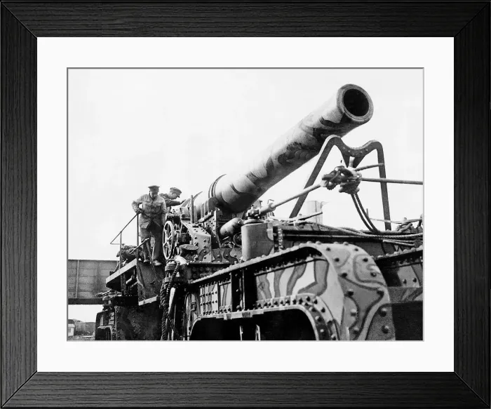 Framed Print : British gunners preparing a heavy gun on its own transporter - France World War One 1918