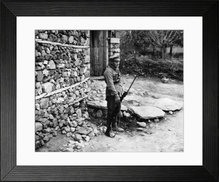 Framed Print : British soldier on sentry duty in Serbia during World War I December 1915