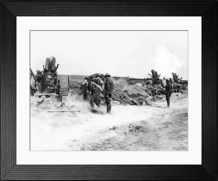 Framed Print : British gun battery opens fire on the enemys front lines during World War One Framed Print : British gun battery opens fire on the enemys front lines during World War One
