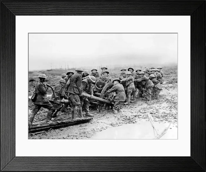 Framed Print : Australian troops haul a gun through a muddy French field during the winter of 1917 Framed Print : Australian troops haul a gun through a muddy French field during the winter of 1917
