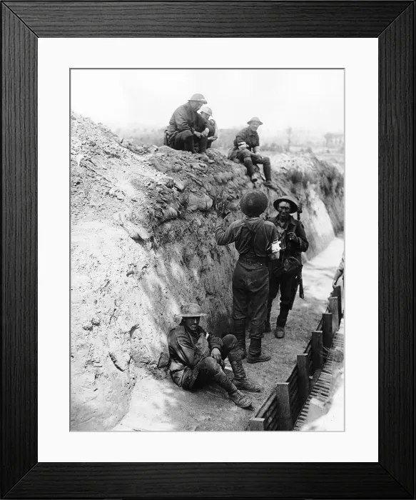 Framed Print : A wounded Australian soldier returning from the fighting telling his comrades the latest Framed Print : A wounded Australian soldier returning from the fighting telling his comrades the latest