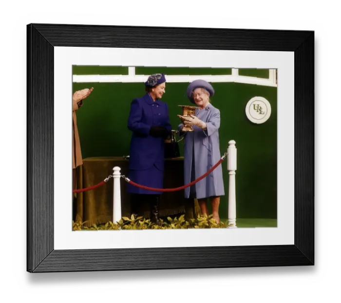 Framed Print : Queen Elizabeth and the Queen Mother March 1990 at Sandown Horseracing holding Framed Print : Queen Elizabeth and the Queen Mother March 1990 at Sandown Horseracing holding
