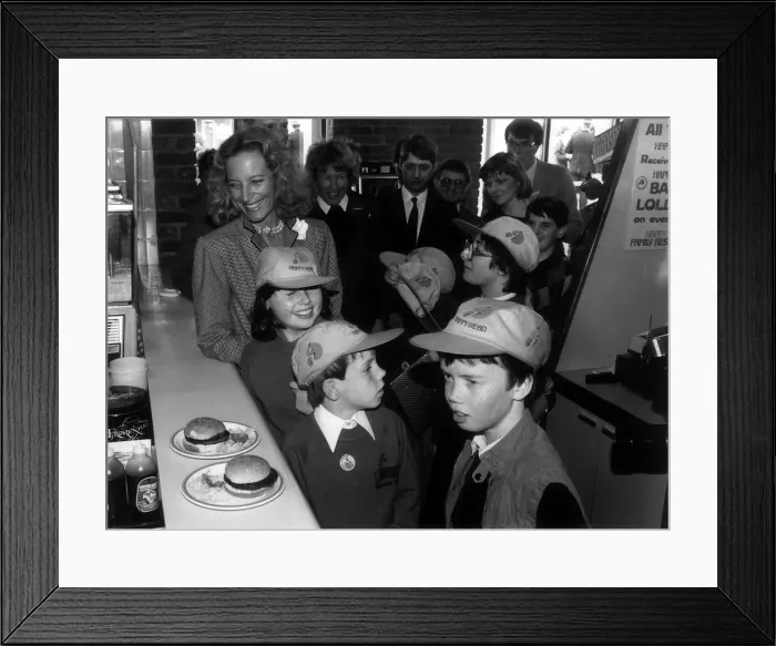 Framed Print : Princess Michael of Kent opening a Happy Eater cafe May 1985 on the A3 in Surrey Framed Print : Princess Michael of Kent opening a Happy Eater cafe May 1985 on the A3 in Surrey