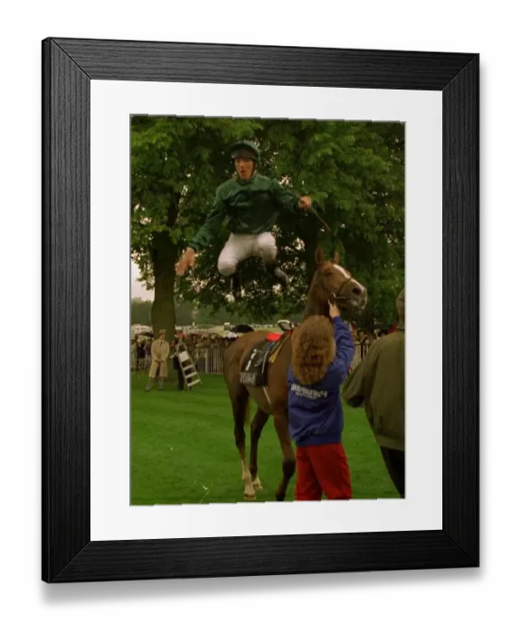 Framed Print : Frankie Dettori jockey flying dismount off Central Park at Royal Ascot celebrating after