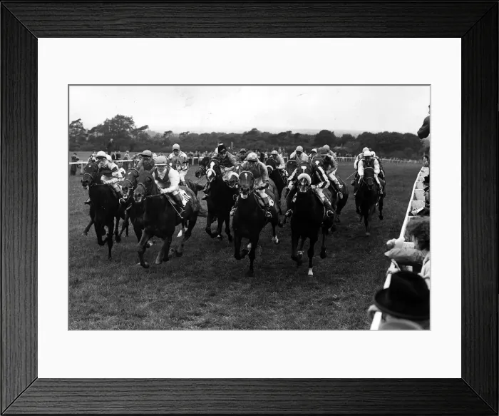 Framed Print : The field approach the mile post, with the eventual Derby winner Crepello 1957