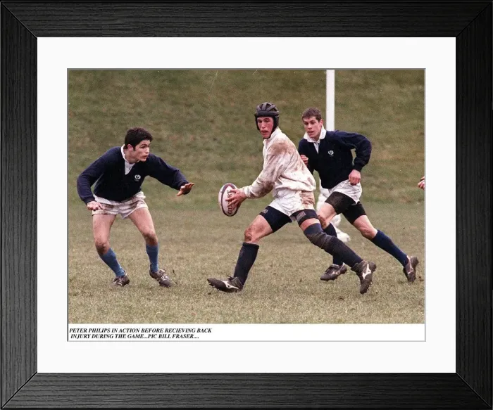 Framed Print : Peter Phillips playing rugby wearing head support holding ball Framed Print : Peter Phillips playing rugby wearing head support holding ball