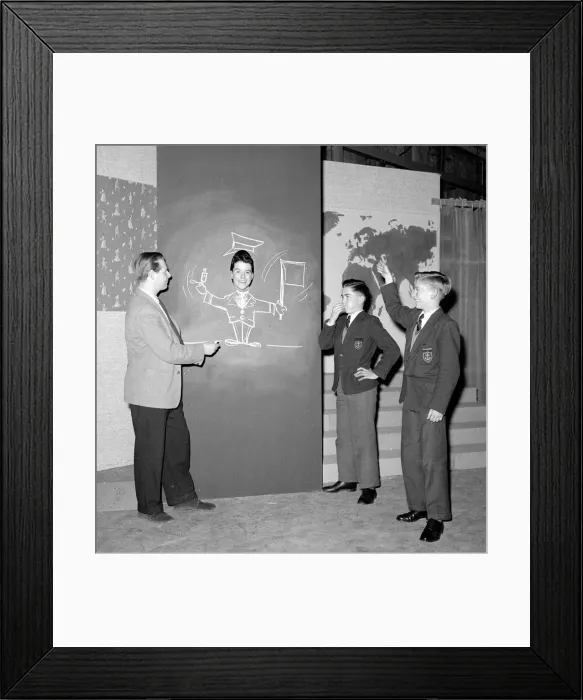 Framed Print : Artist Tony Hart with television personalities Eamon Andrews