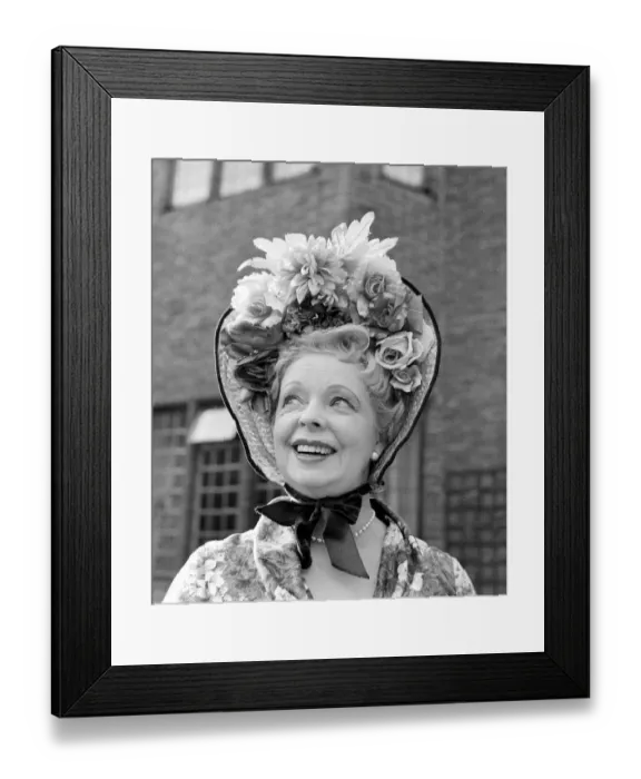 Framed Print : Model and actress Iris Greenwood of Chelsea, aged 63 wearing a bonnet March 1959 Framed Print : Model and actress Iris Greenwood of Chelsea, aged 63 wearing a bonnet March 1959