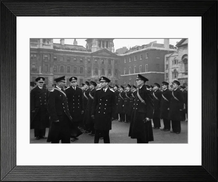 Framed Print : King George VI inspects the officers and crew of HMS Ajax Framed Print : King George VI inspects the officers and crew of HMS Ajax