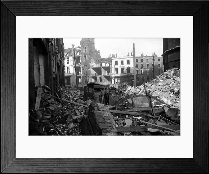 Framed Print : Fire appliances trapped and burnt on night of H. E. Fire blitz December 1940 Framed Print : Fire appliances trapped and burnt on night of H. E. Fire blitz December 1940