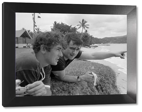Comedian, actor and publisher Peter Cook with Dudley Moore a holiday in Grenada