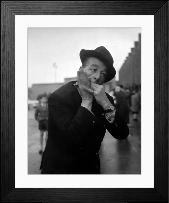Framed Print : Entertainer Jimmy Edwards wearing a top hat, entertaining crowds outside Wembley Empire Framed Print : Entertainer Jimmy Edwards wearing a top hat, entertaining crowds outside Wembley Empire