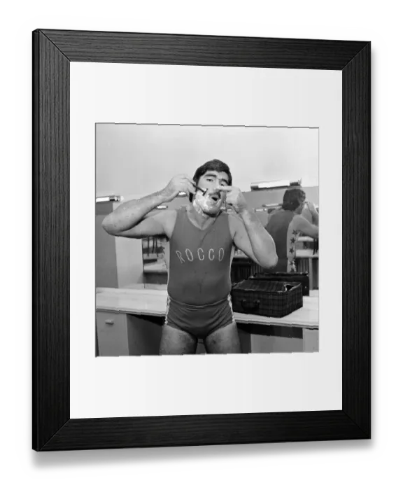Framed Print : Wrestler Mark Rollerball Rocco seen here taking a shave before a bout November 1978 Framed Print : Wrestler Mark Rollerball Rocco seen here taking a shave before a bout November 1978