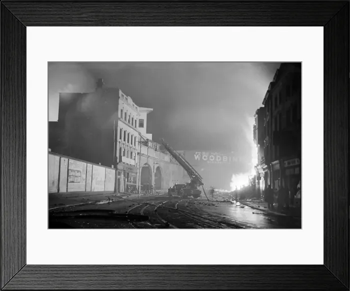 Framed Print : Fireman tackle a blaze in the Waterloo area cause by High Explosive bombs during the 2nd Framed Print : Fireman tackle a blaze in the Waterloo area cause by High Explosive bombs during the 2nd