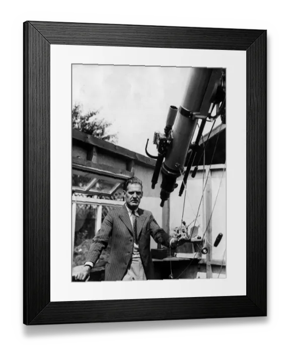 Framed Print : Actor Will Hay seen here with his 12 and a half foot telescope in his back garden Framed Print : Actor Will Hay seen here with his 12 and a half foot telescope in his back garden
