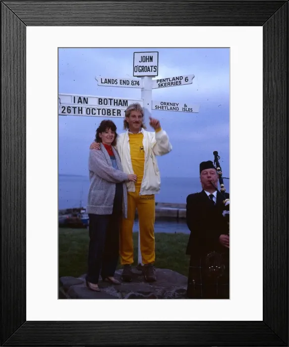 Framed Print : Ian Botham cricketer October 1985 With wife at John O Groats sign post piper Framed Print : Ian Botham cricketer October 1985 With wife at John O Groats sign post piper