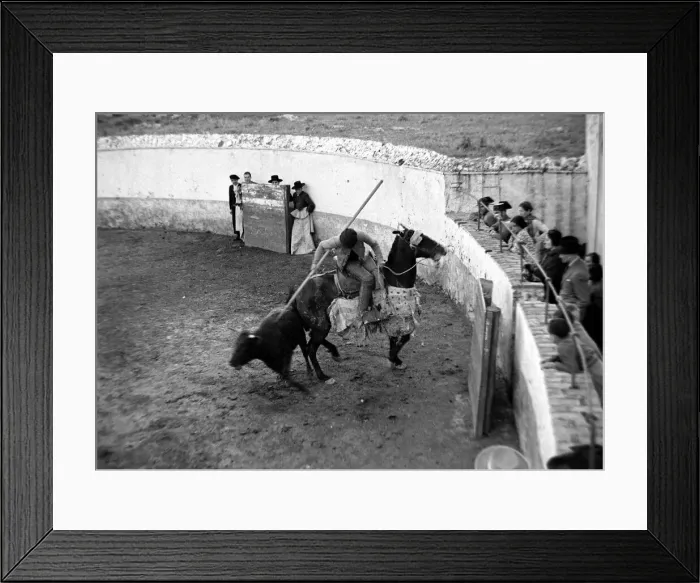 Framed Print : A man riding horse during a bullfight in Seville, Andalusia Circa 1935