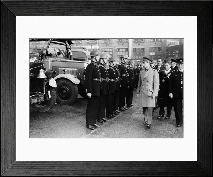 Framed Print : King George VI inspects firemen on his visit to Birmingham after a bombing raid in world Framed Print : King George VI inspects firemen on his visit to Birmingham after a bombing raid in world