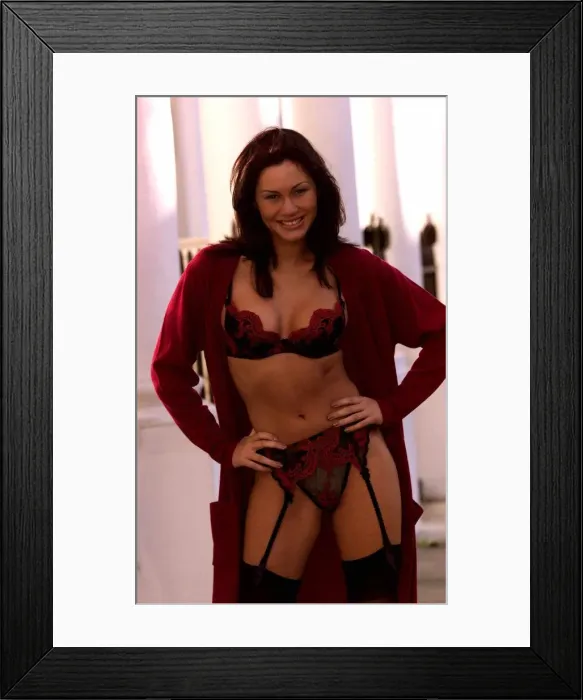 Framed Print : Janet Reger fashion model Abbi December 1998 in Black and Red Lace Embroidered Bra