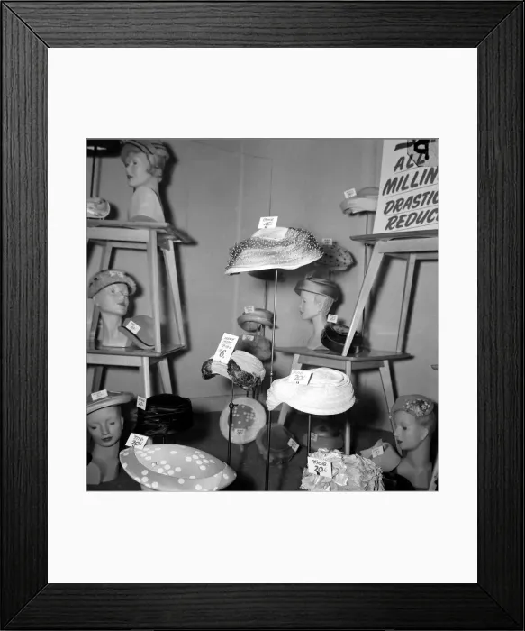 Framed Print : Hats for sale in the window during the January sales in Kensington High Street Framed Print : Hats for sale in the window during the January sales in Kensington High Street