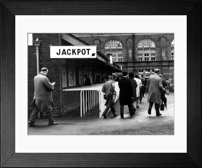 Framed Print : Men joining the queues to place their bets at the totes Betting shops Circa
