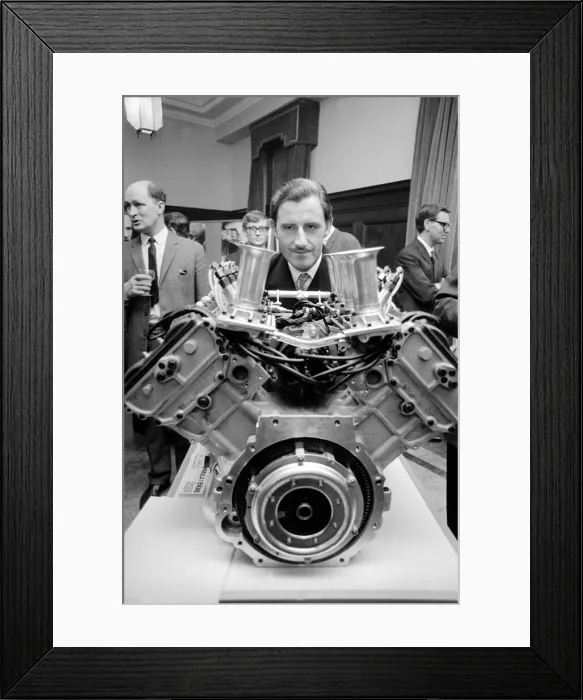Framed Print : Graham Hill looks at the first ever Ford Formula 1 engine in Ford Regent Street Framed Print : Graham Hill looks at the first ever Ford Formula 1 engine in Ford Regent Street