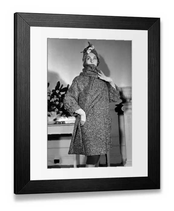 Framed Print : A coat by Ronald Paterson in Taupe cream Black tweed with hat of same material