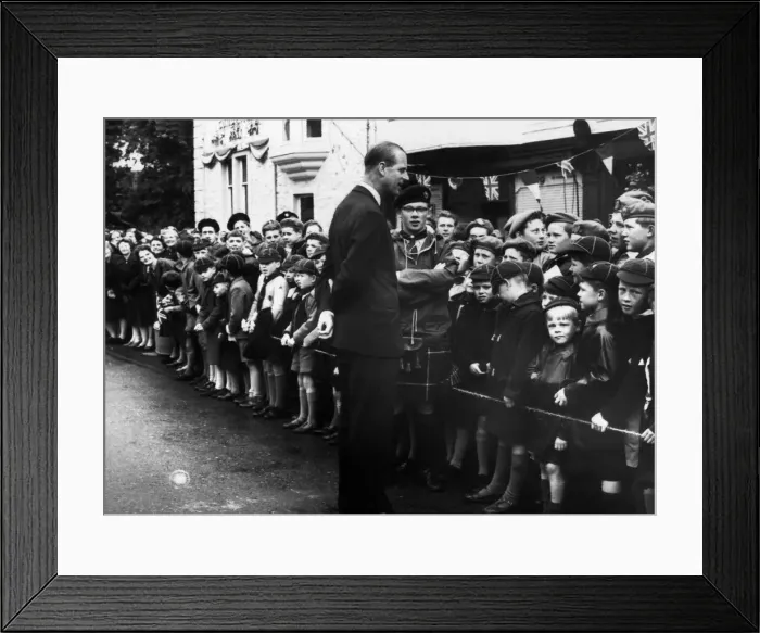 Framed Print : Prince Philip speaking to wolf cubs in Kirkcudbright in Scotland after he had attended St Framed Print : Prince Philip speaking to wolf cubs in Kirkcudbright in Scotland after he had attended St